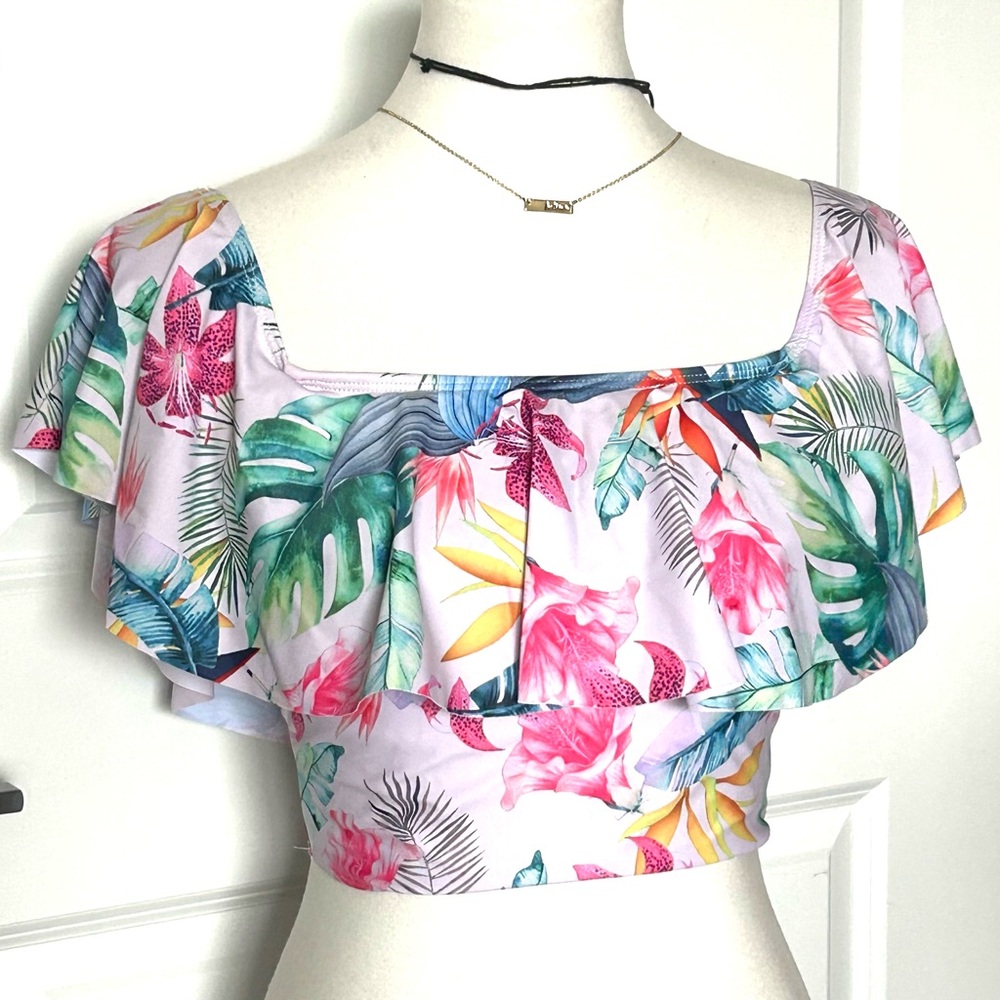 NWT 2 Piece Tropical Swim Suit High waisted Bikini Floral Palm - Picture 2 of 12